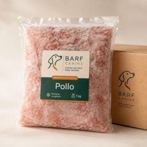 Bolsa de 1 kg de BARF de Pollo para Perro de BARF Canine, congelada, con etiqueta verde y crema