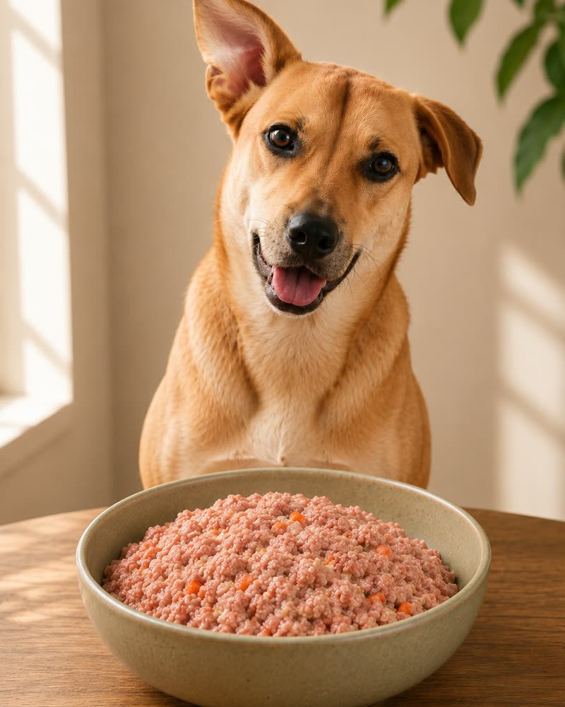 Perro sentado frente a un tazón de BARF de pollo con verduras